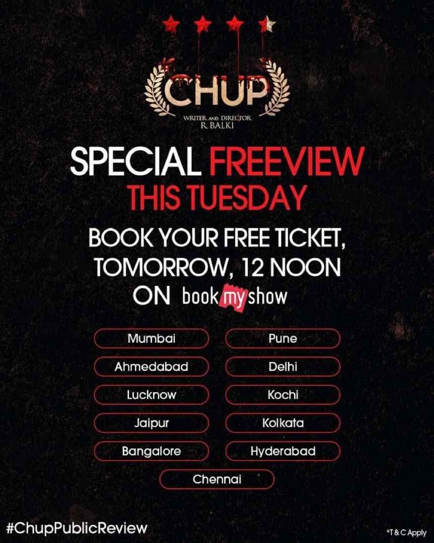 Bookmyshow Loot : Book Chup Movie Tickets For FREE [Select Theatre]