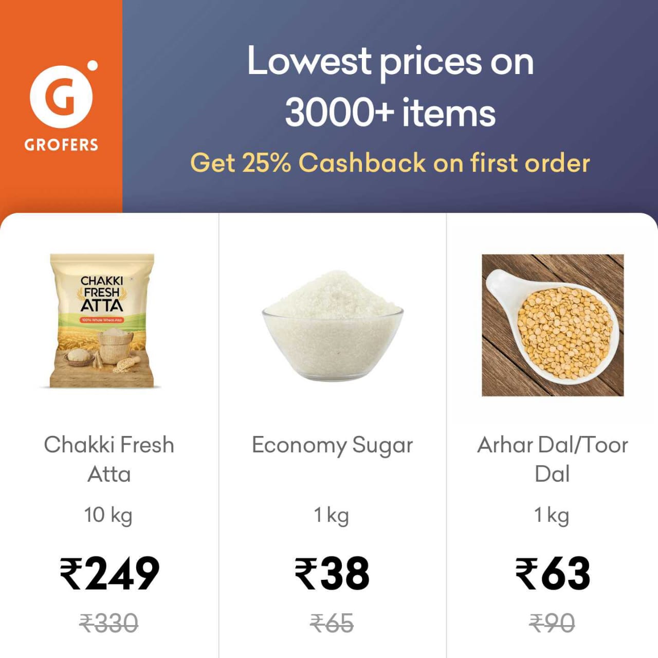 Grofers - First Order Flat 25% Cashback + Burn Mobikwik Supercash