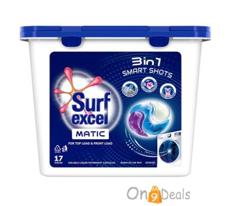 Surf Excel Matic 3 in 1 Smart Shots 17 pcs, Laundry Detergent Pods for Tough Stain Removal