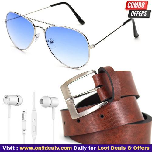 Kanny Devis Blue Unisex Aviator Sunglass + Brown Belt + Ear Phone Combo